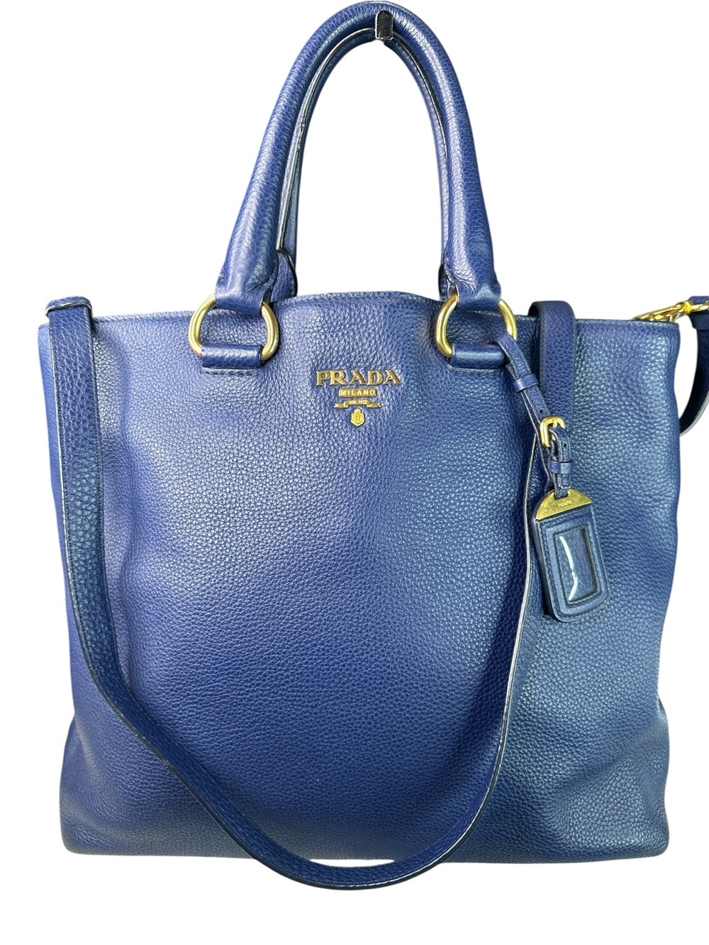Prada Navy Blue Pebbled Leather Tote with Gold Hardware